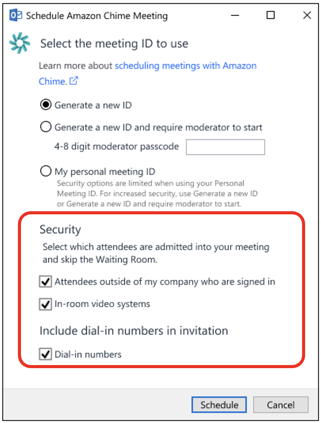 Scheduling a meeting options presented