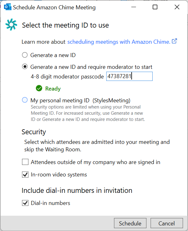 Outlook COM add-in scheduling a moderated meeting and entering the moderator passcode
