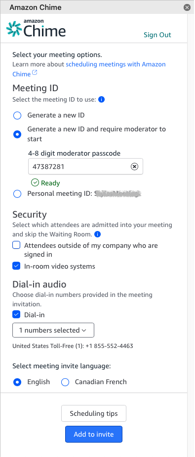 O365 scheduling a moderated meeting and entering the passcode