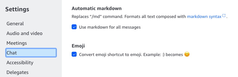 Chat settings using markdown and whether to convert emoji shortcut to emoji