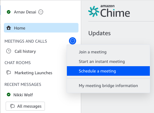 three dot menu next to meetings and calls to schedule a meeting