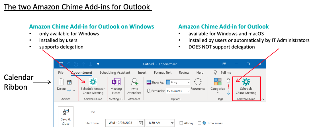 The Outlook calendar ribbon showing the COM add in on the left and O365 add-in on the right